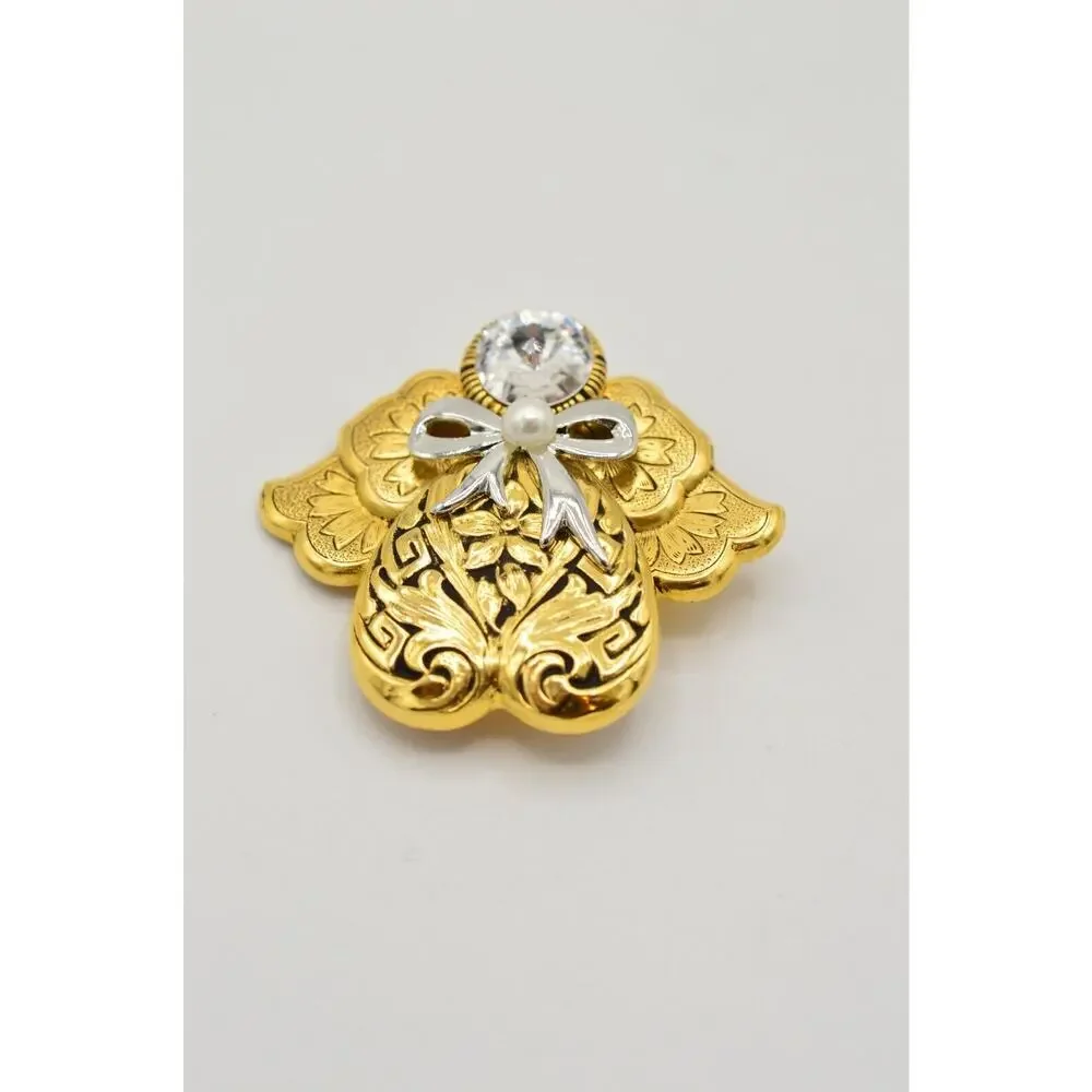 Jane 1995 AOL Signed Vintage Pin Brooch Guardian Gold Angel Rhinestone Chic BinJ